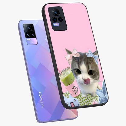 Love Matcha Cat Glass Case displayed in angled mockup highlighting playful feline illustration with cozy matcha aesthetic.