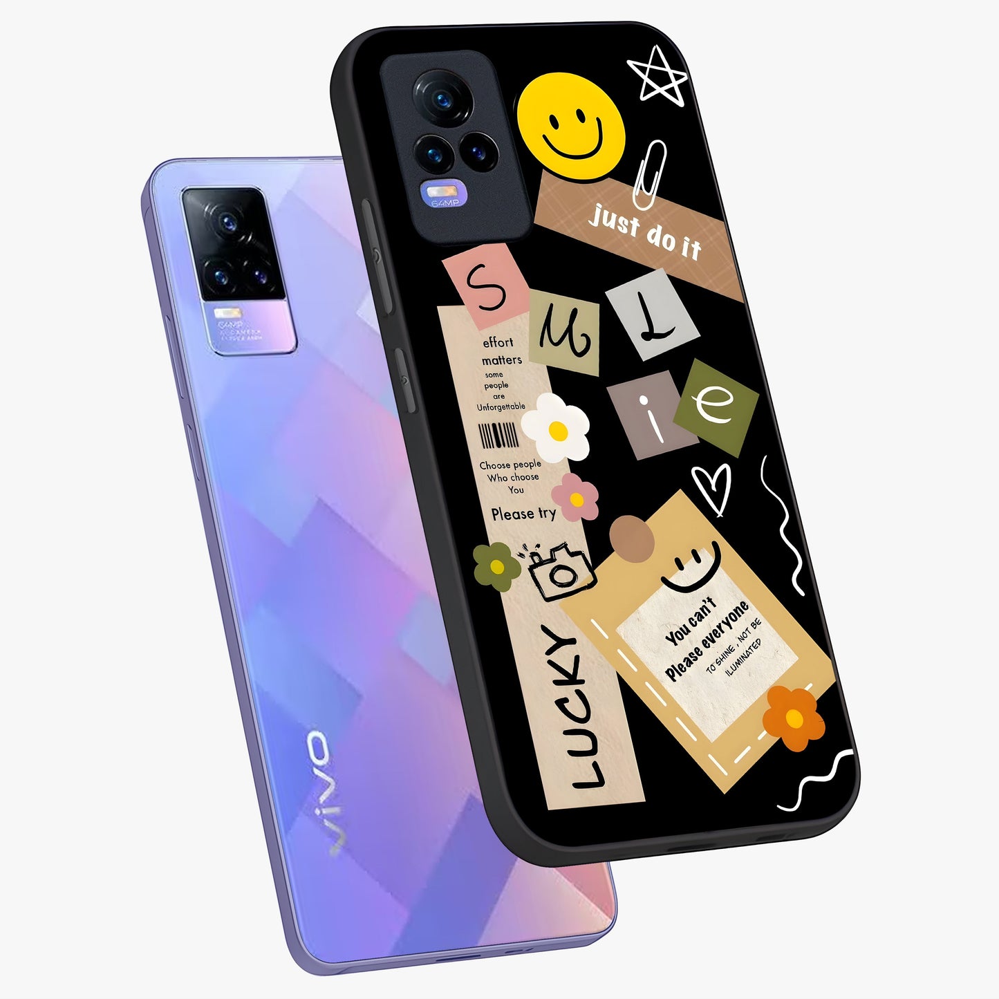 Lucky Aesthetic Collage Glass Case displayed in angled mockup highlighting stylish collage pattern with modern aesthetic vibe.
