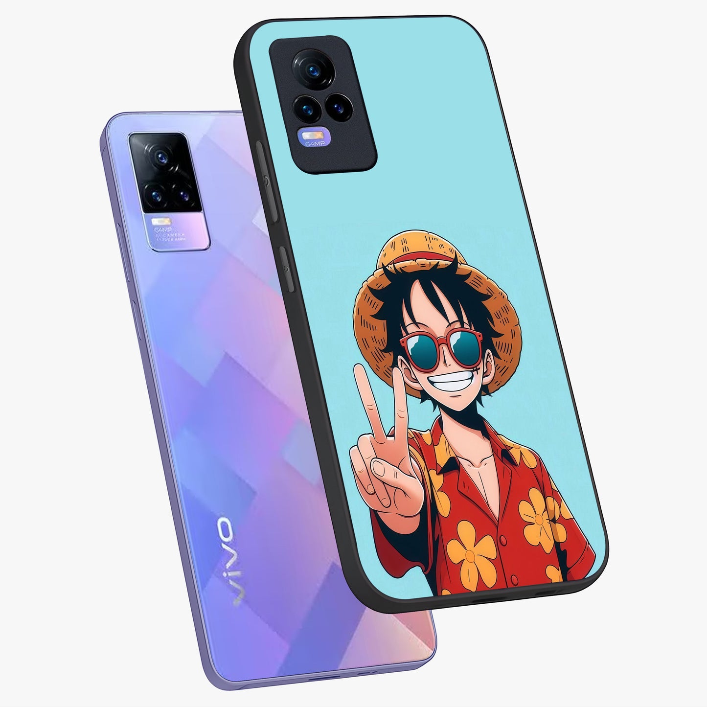Luffy Summer Anime Vibe Glass Case displayed in angled mockup highlighting energetic anime illustration with summer vibe aesthetic.
