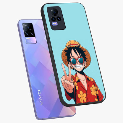 Luffy Summer Anime Vibe Glass Case displayed in angled mockup highlighting energetic anime illustration with summer vibe aesthetic.