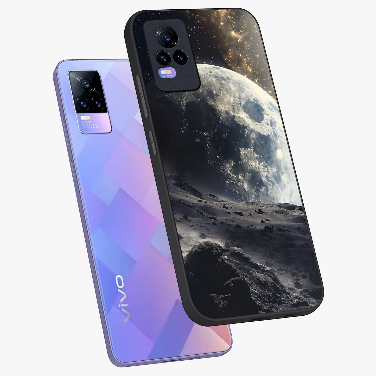 Lunar Horizon Glow Glass Case displayed in angled mockup highlighting celestial moon design with dreamy night aesthetic.