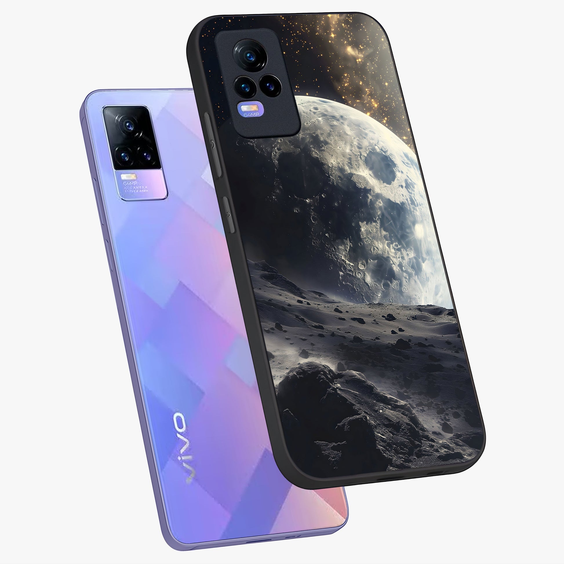 Lunar Horizon Glow Glass Case displayed in angled mockup highlighting celestial moon design with dreamy night aesthetic.