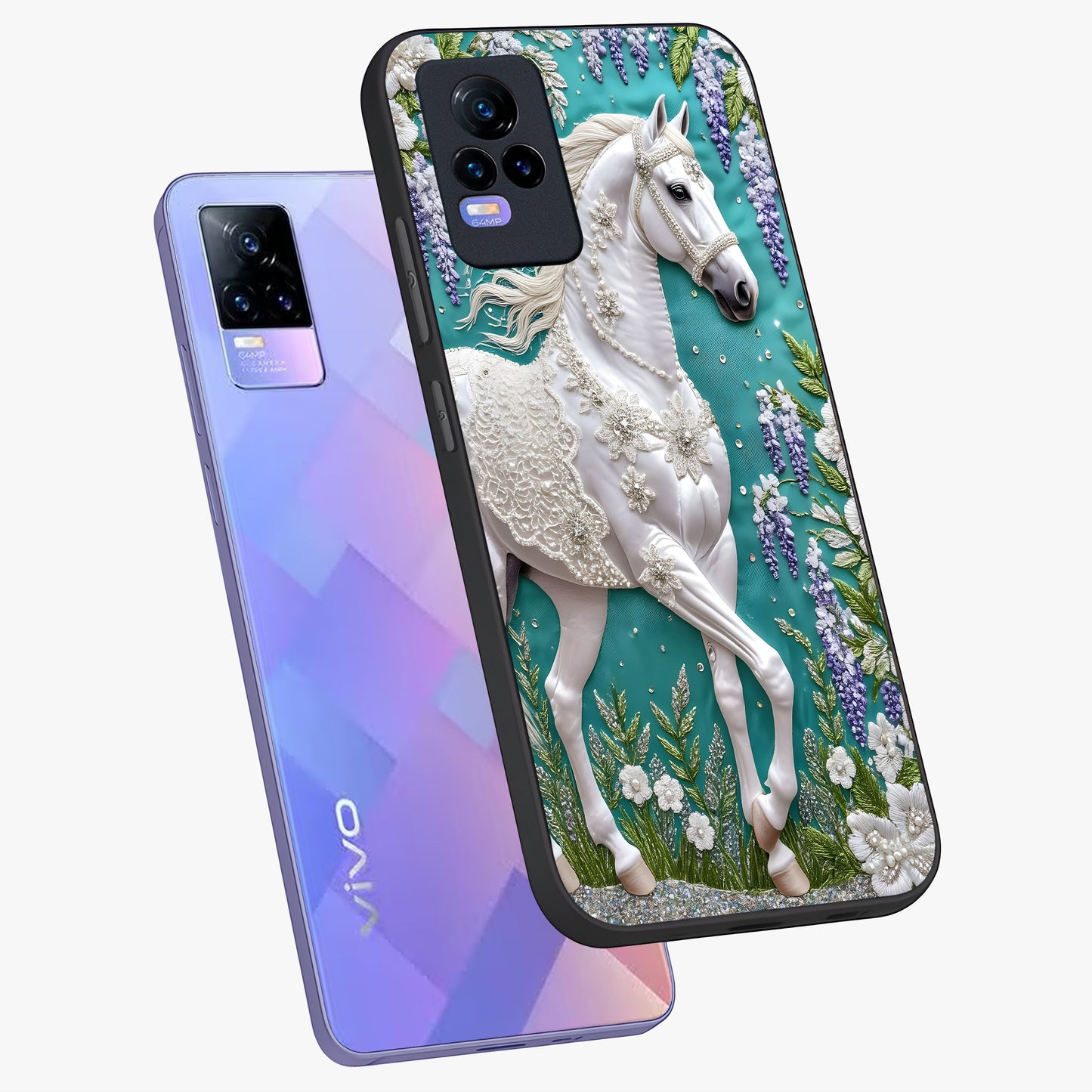 Majestic Floral Stallion Glass Case displayed in angled mockup highlighting majestic stallion illustration with elegant floral aesthetic.