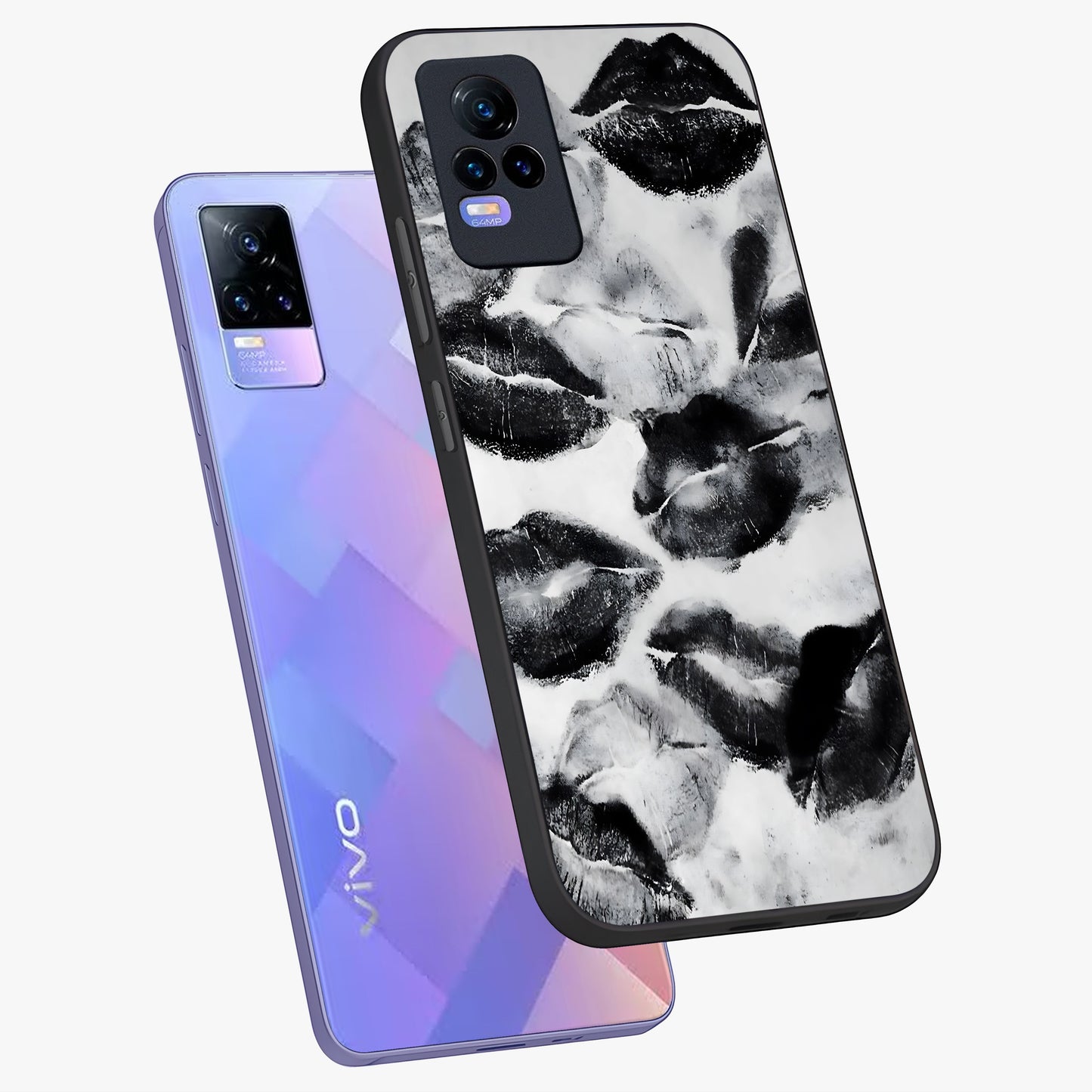 Midnight Kiss Marks Glass Case displayed in angled mockup highlighting playful romantic design with bold midnight aesthetic.