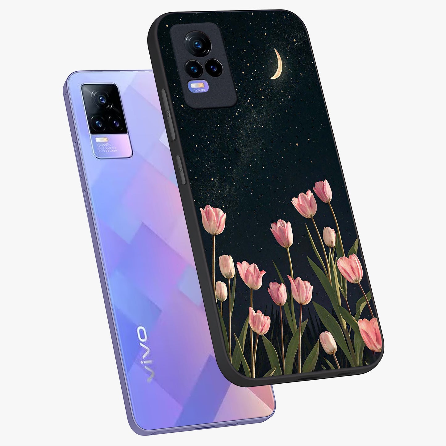 Midnight Tulip Whispers Vibe Glass Case displayed in angled mockup highlighting delicate tulip design with midnight floral aesthetic.