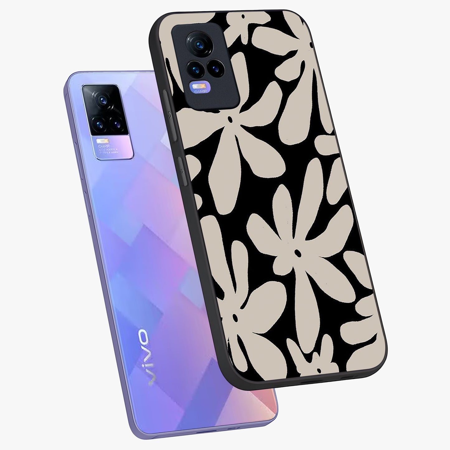 Monochrome Petal Dance Glass Case displayed in angled mockup highlighting elegant petal design with black and white aesthetic.