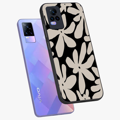 Monochrome Petal Dance Glass Case displayed in angled mockup highlighting elegant petal design with black and white aesthetic.
