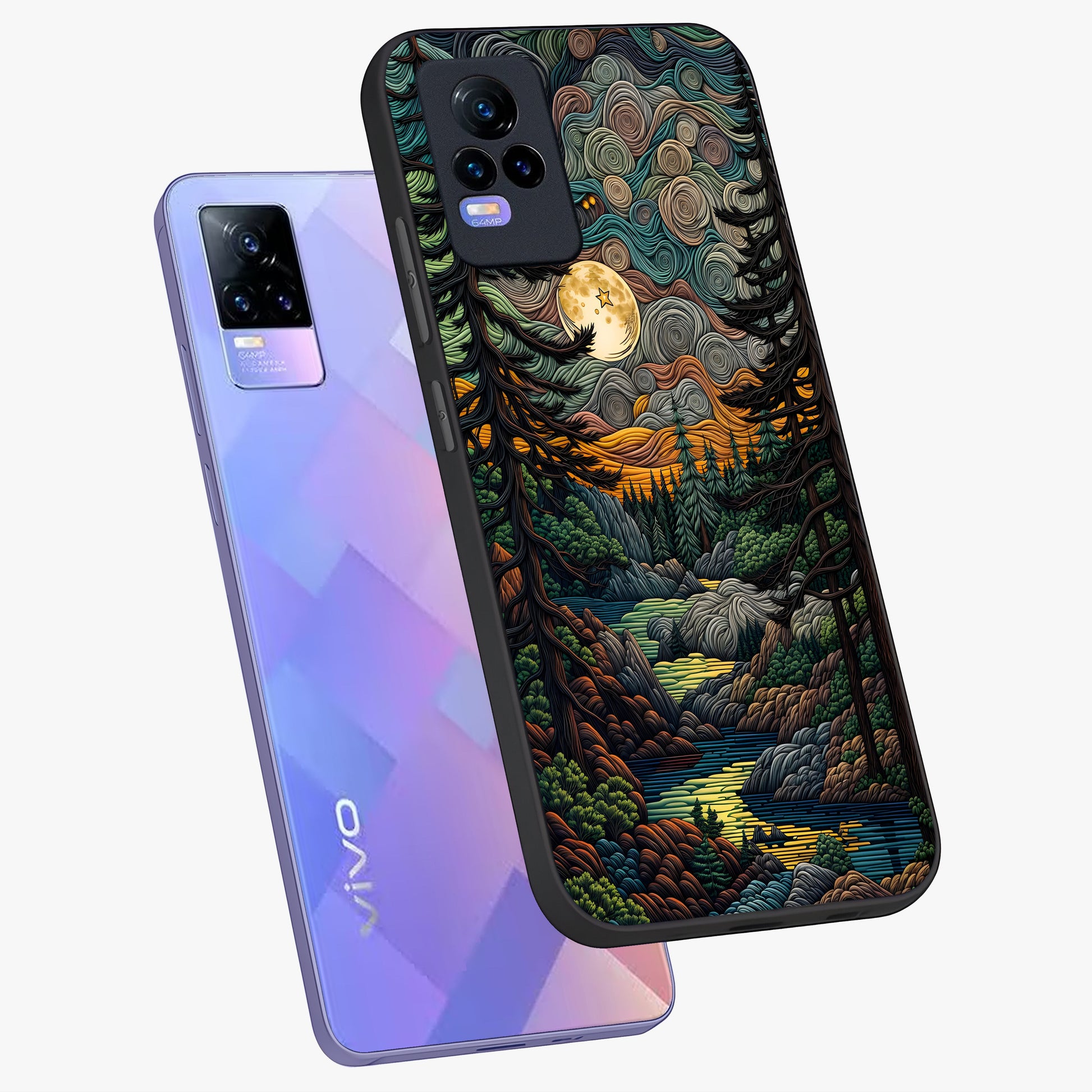 Moonlight Forest Dream Glass Case displayed in angled mockup highlighting dreamy forest design with glowing moon aesthetic.