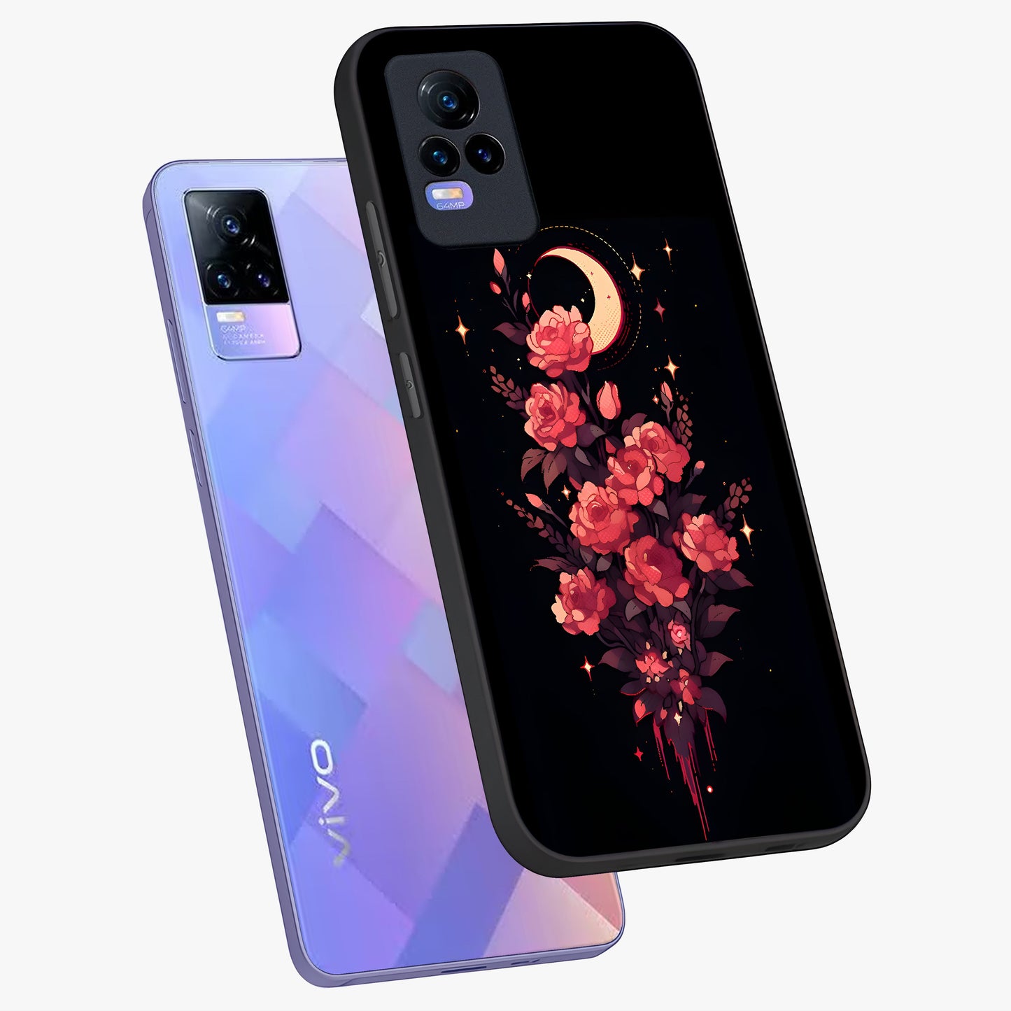 Moonlit Floral Elegance Glass Case displayed in angled mockup highlighting graceful flower design with soft moonlight aesthetic.