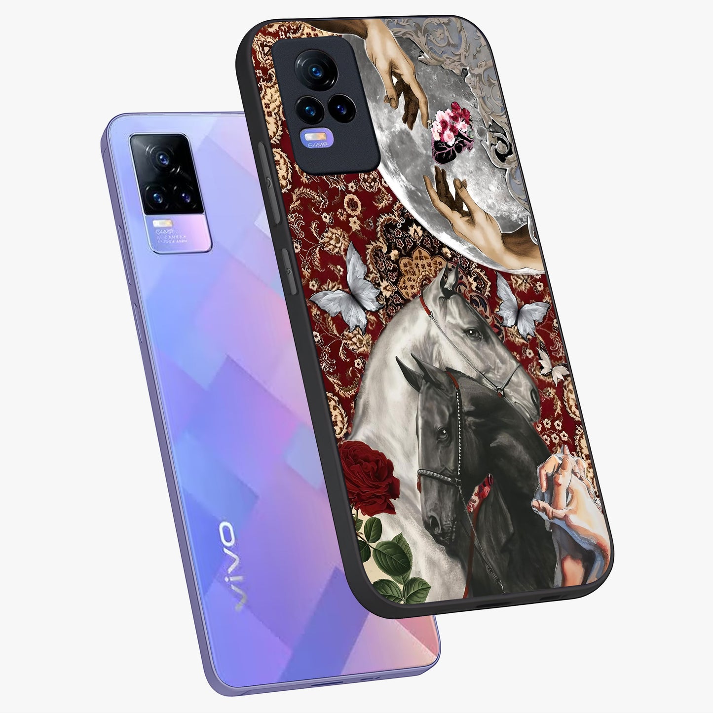 Moonlit Royal Stallion Glass Case displayed in angled mockup highlighting powerful stallion illustration with royal night aesthetic.