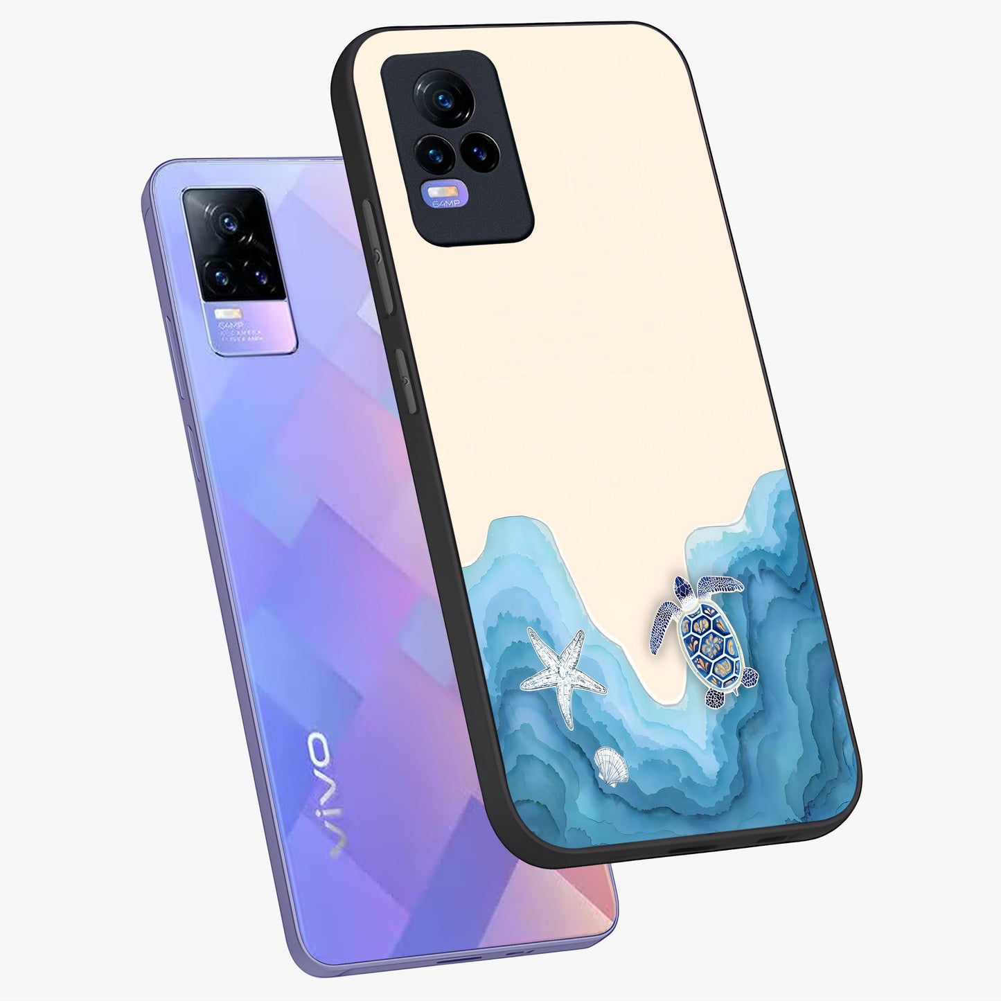 Ocean Drift Turtle Glass Case displayed in angled mockup highlighting peaceful ocean turtle illustration with marine aesthetic.