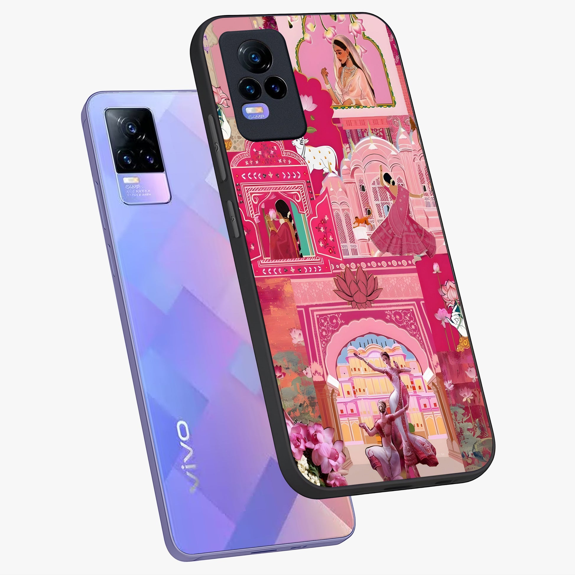 Pink Palace Muse Glass Case displayed in angled mockup highlighting dreamy palace illustration with soft pink aesthetic.