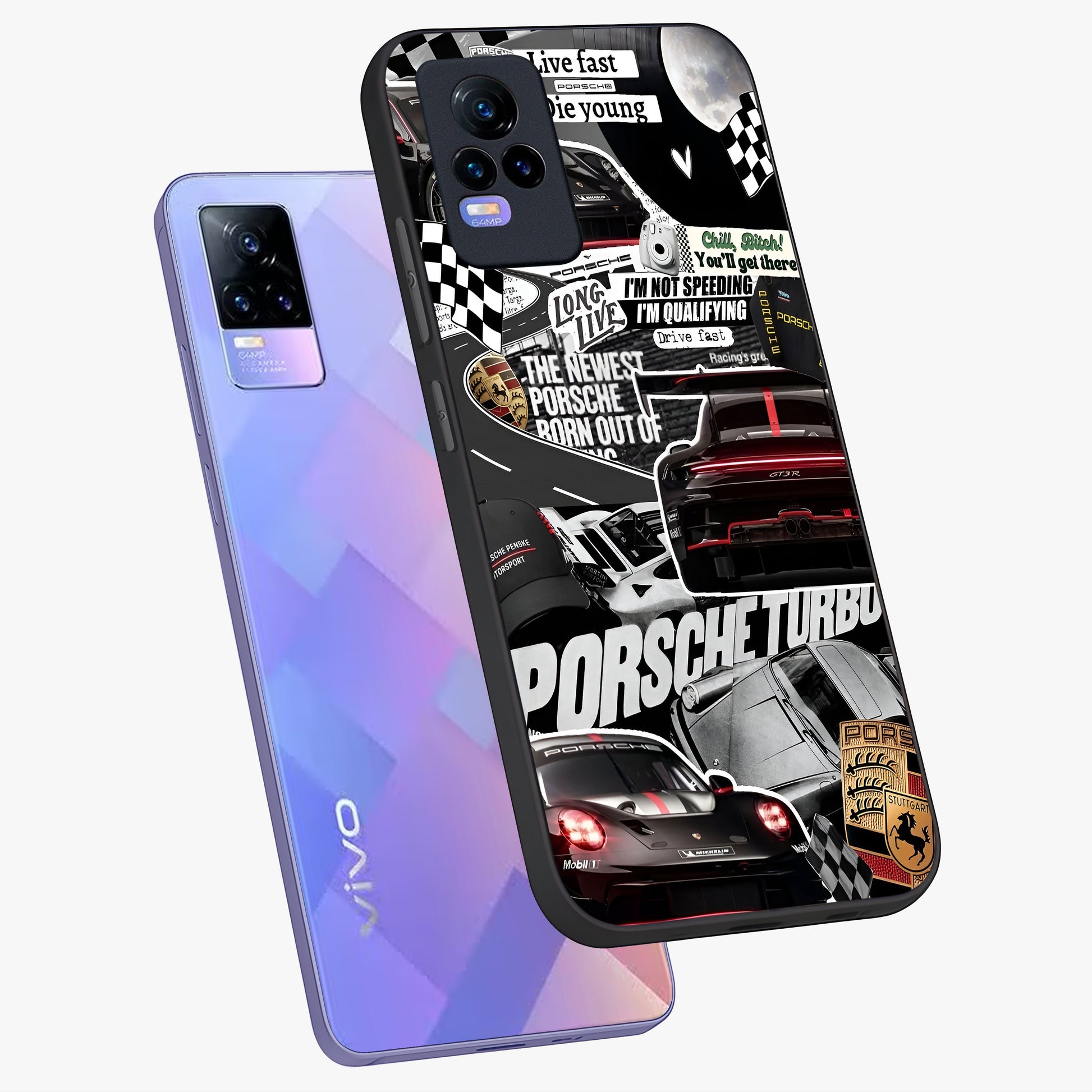 Porsche Racing Collage Glass Case displayed in angled mockup highlighting dynamic automotive design with bold racing aesthetic.
