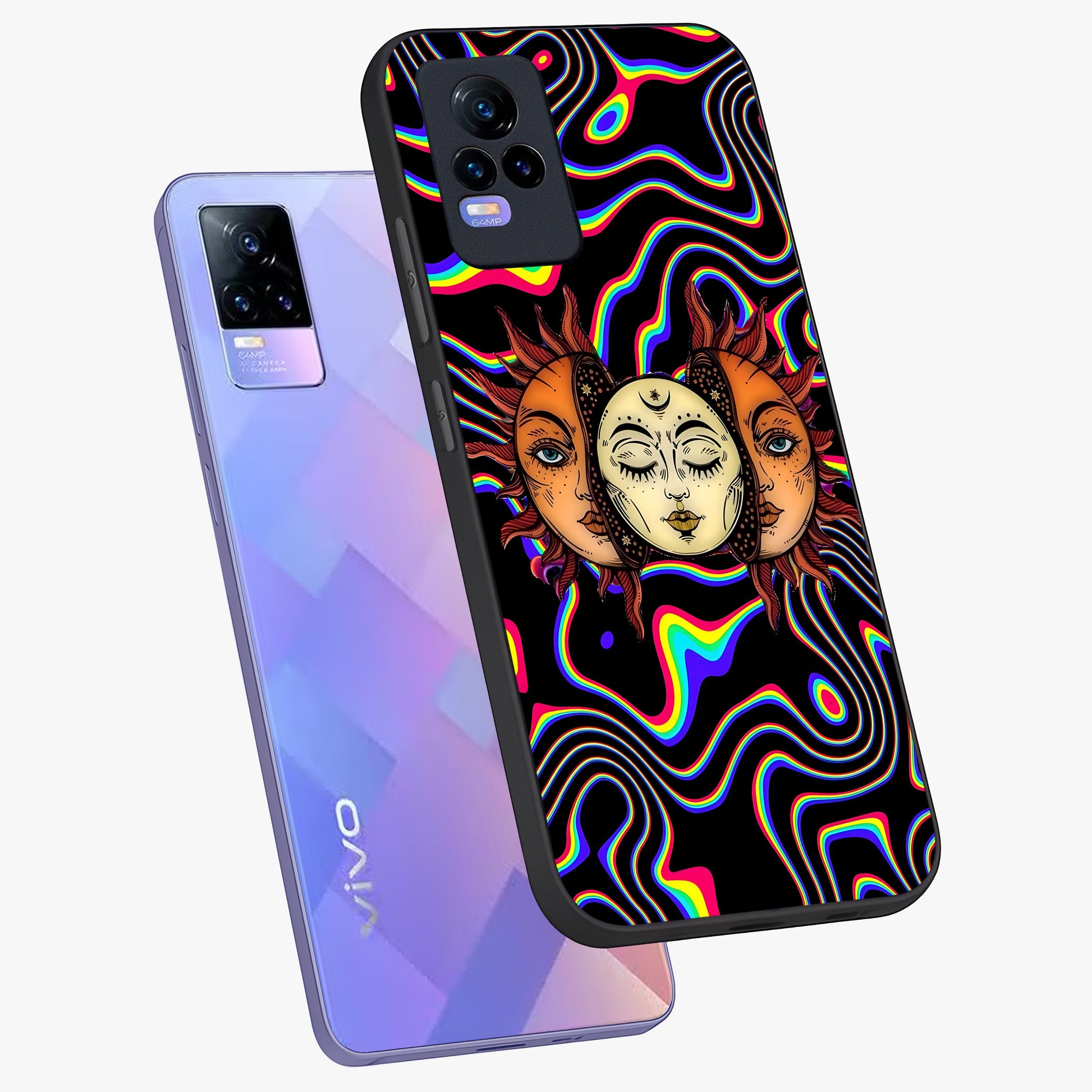 Psychedelic Sun Glass Case displayed in angled mockup highlighting vibrant abstract sun design with artistic aesthetic style.