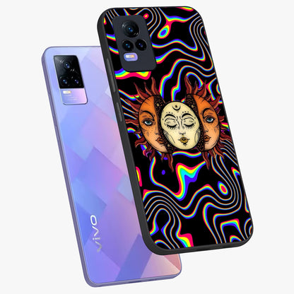 Psychedelic Sun Glass Case displayed in angled mockup highlighting vibrant abstract sun design with artistic aesthetic style.
