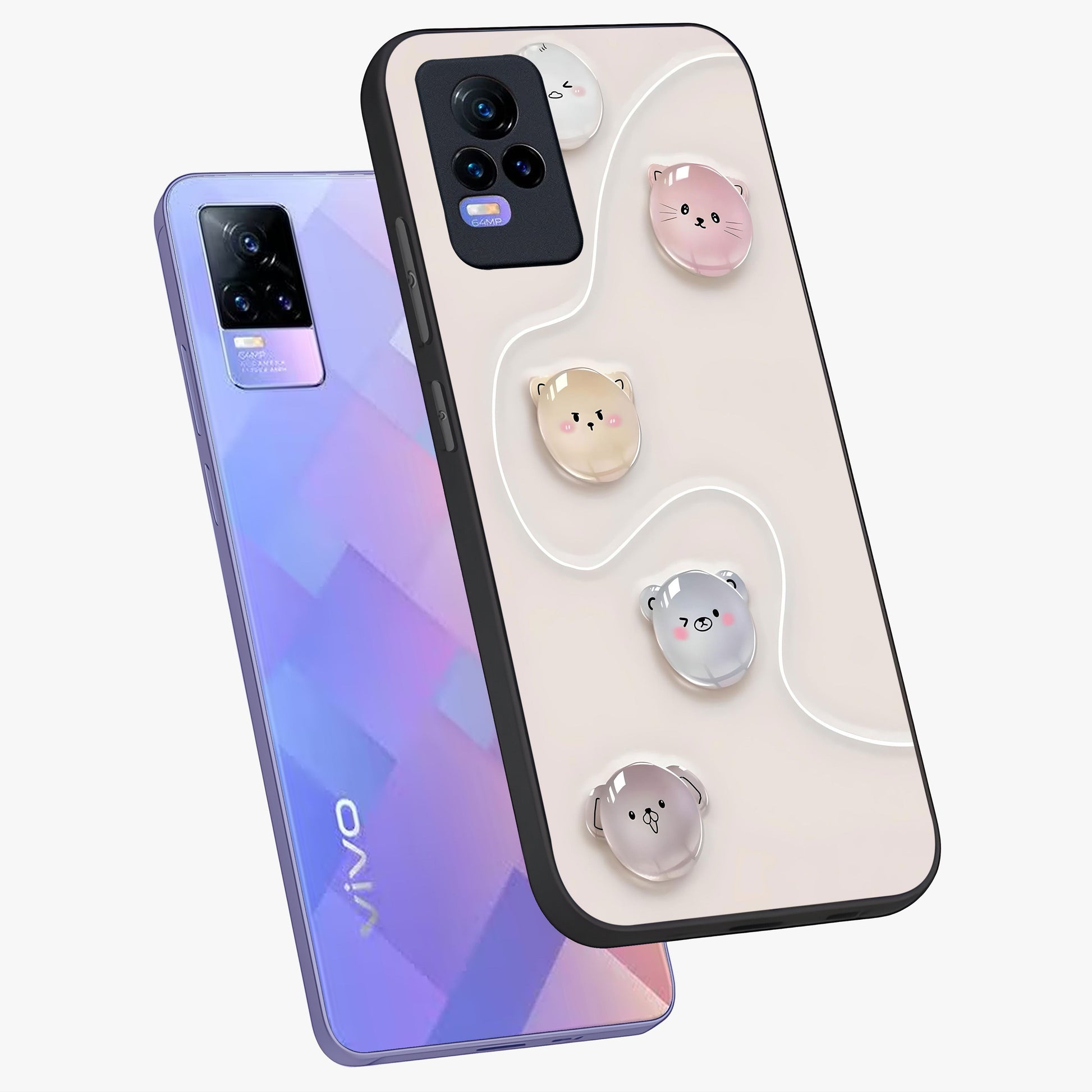 Puffy Face Parade Glass Case displayed in angled mockup highlighting playful cartoon face design with fun aesthetic.