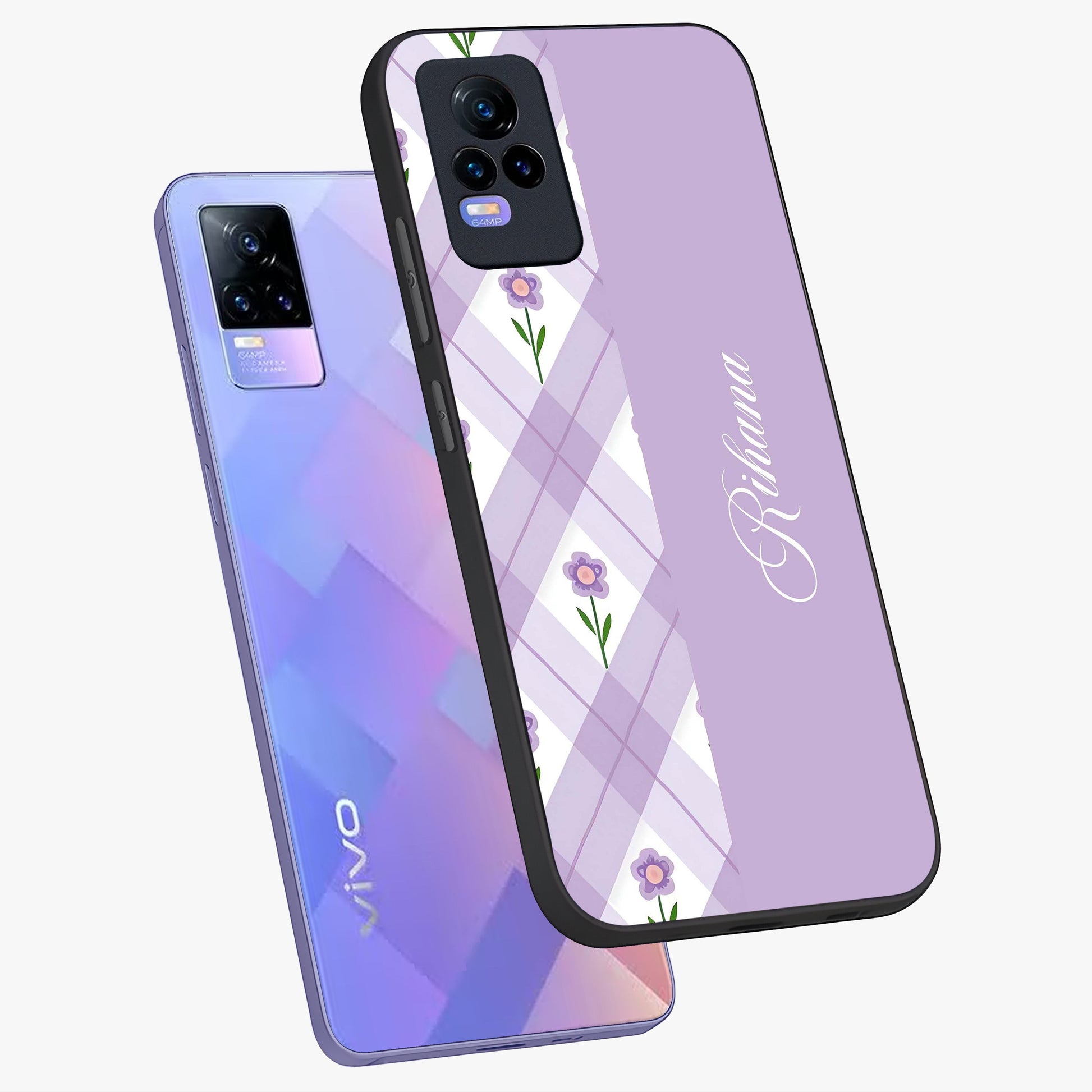 Purple Diamond Floral Glass Case displayed in angled mockup highlighting elegant purple flower design with decorative pattern.