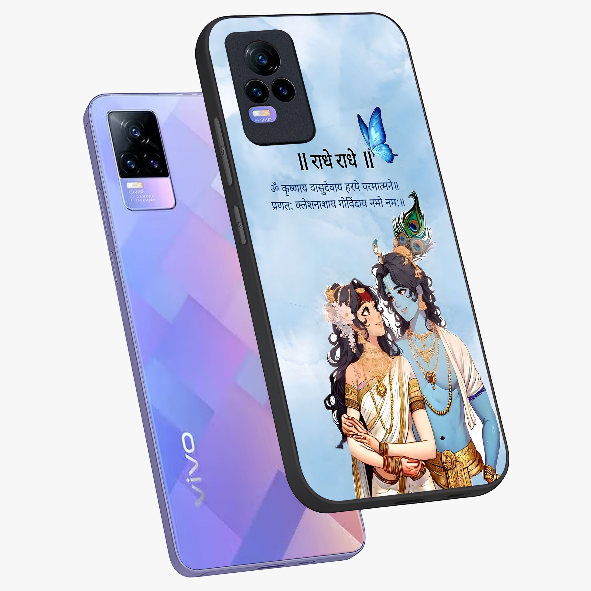 Radha Krishna Eternal Glass Case displayed in angled mockup highlighting divine Radha Krishna illustration with spiritual aesthetic.