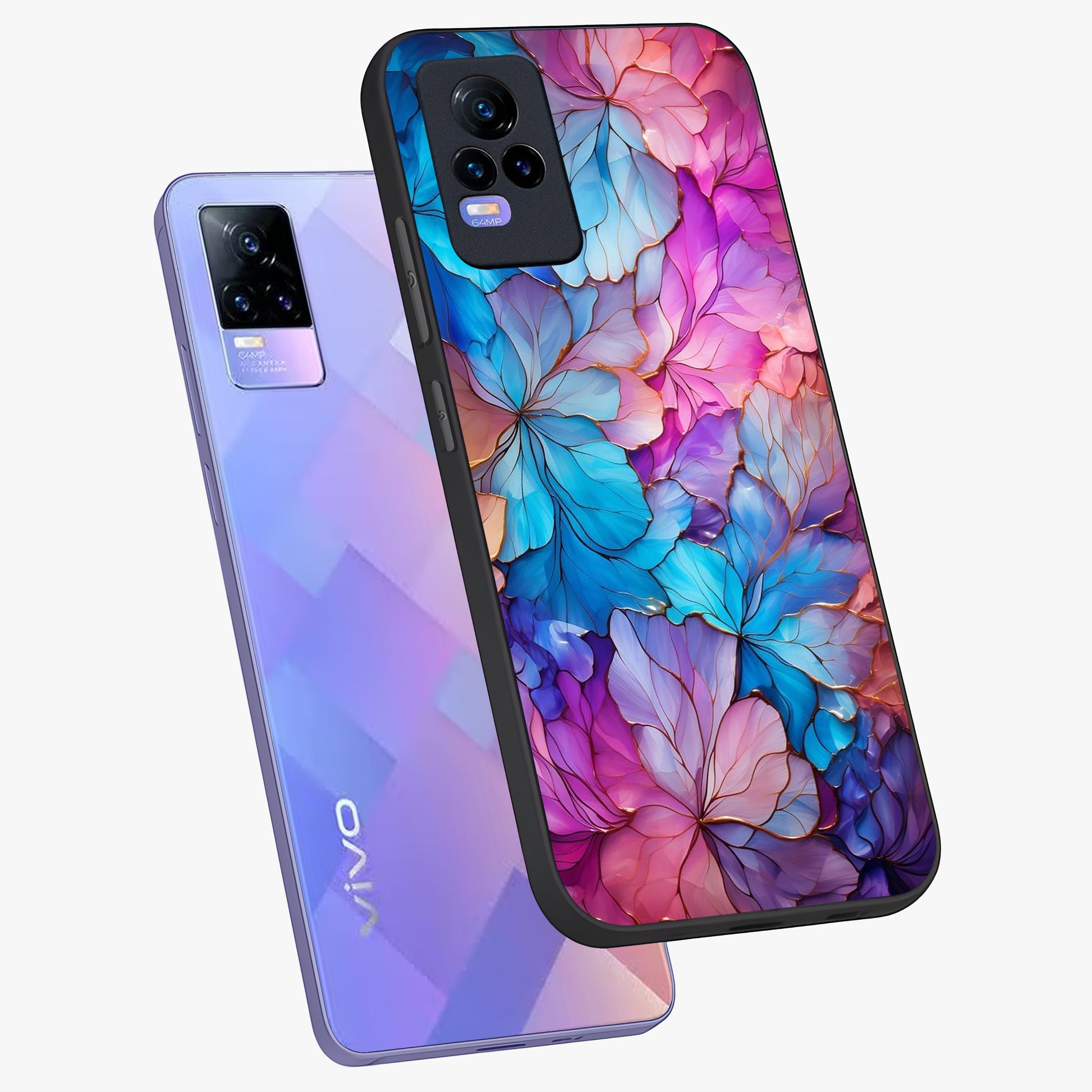 Radiant Floral Whirl Glass Case displayed in angled mockup highlighting vibrant flower pattern with dynamic artistic aesthetic.