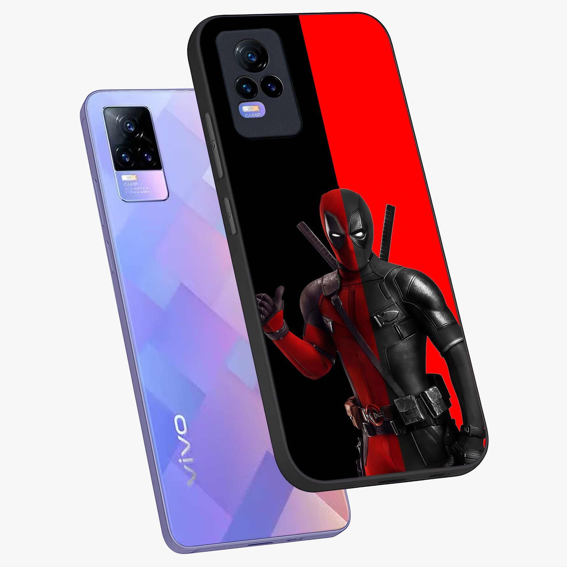 Red & Black Deadpool Theme Glass Case displayed in angled mockup highlighting vibrant superhero style illustration with action aesthetic.