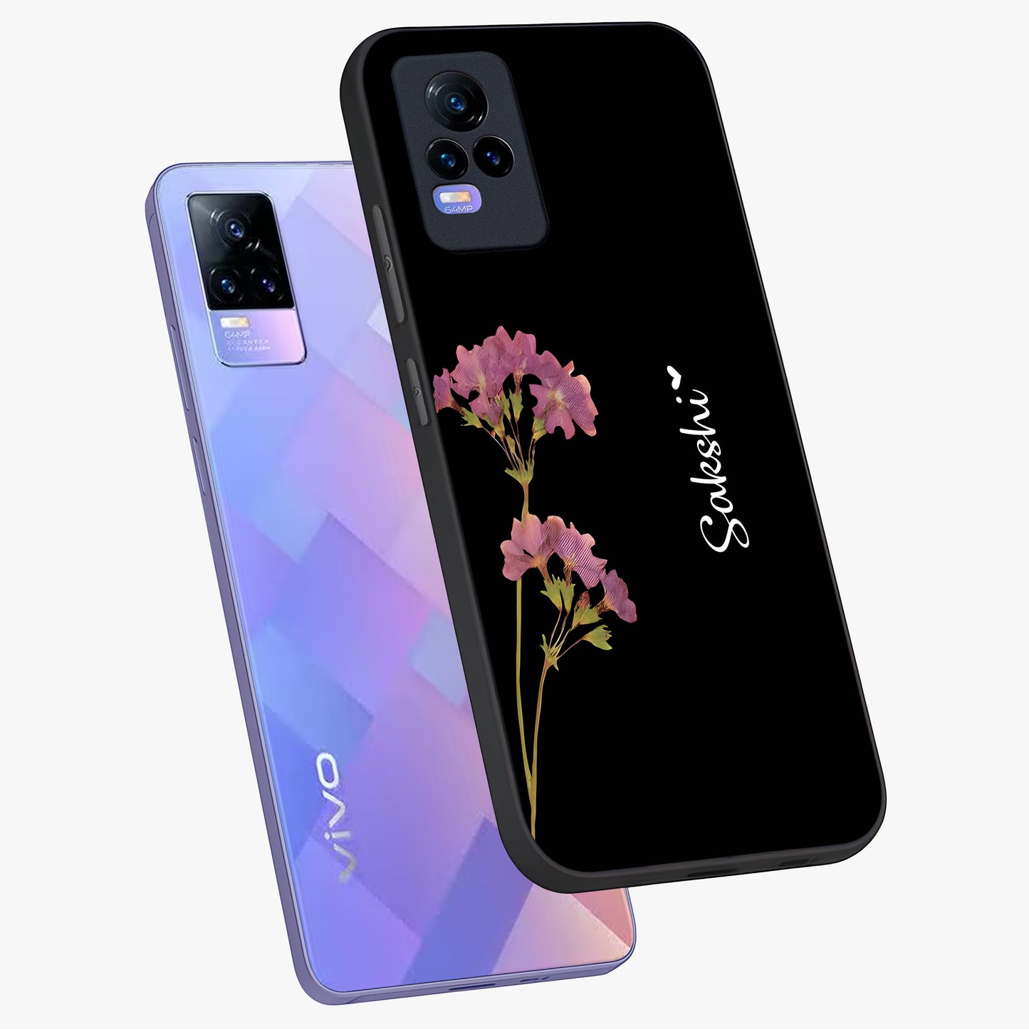 Riching Lavender Flower Custom Name Glass Case displayed in angled mockup highlighting delicate lavender flower design with custom name feature.