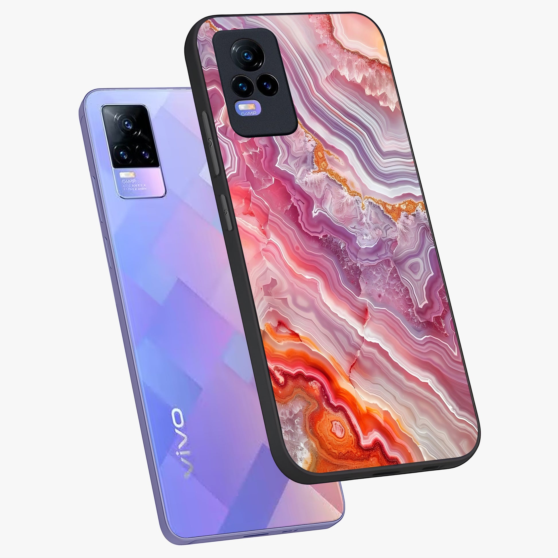 Rose Quartz Marble Glass Case displayed in angled mockup highlighting elegant marble pattern with soft aesthetic style.