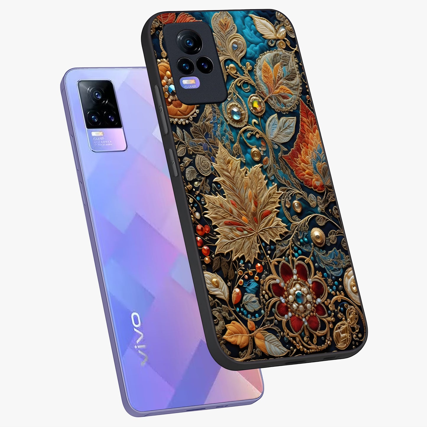 Royal Jewel Garden Glass Case displayed in angled mockup highlighting vibrant jewel inspired floral design with elegant aesthetic.