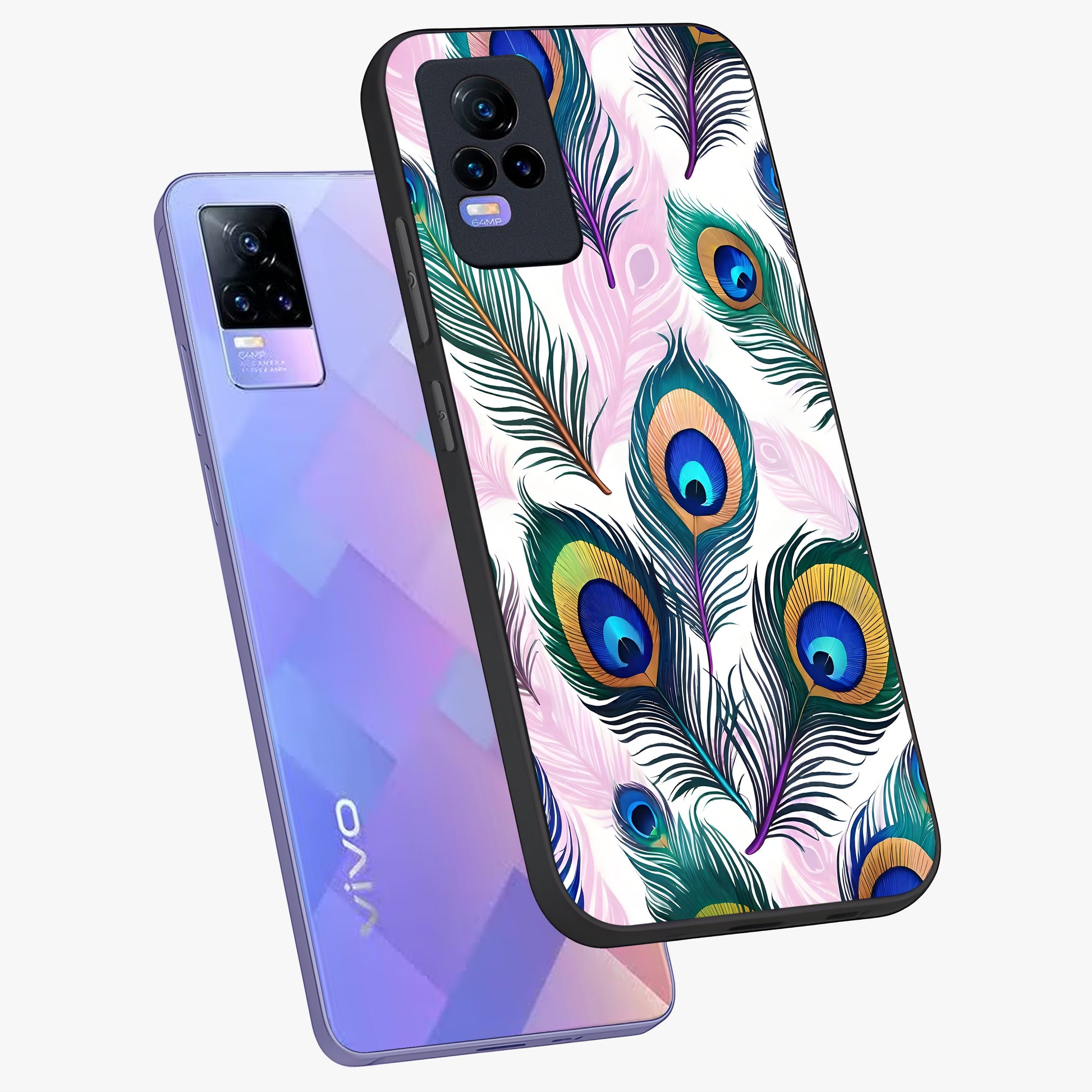 Royal Peacock Feathers Glass Case displayed in angled mockup highlighting vibrant feather pattern with regal aesthetic style.