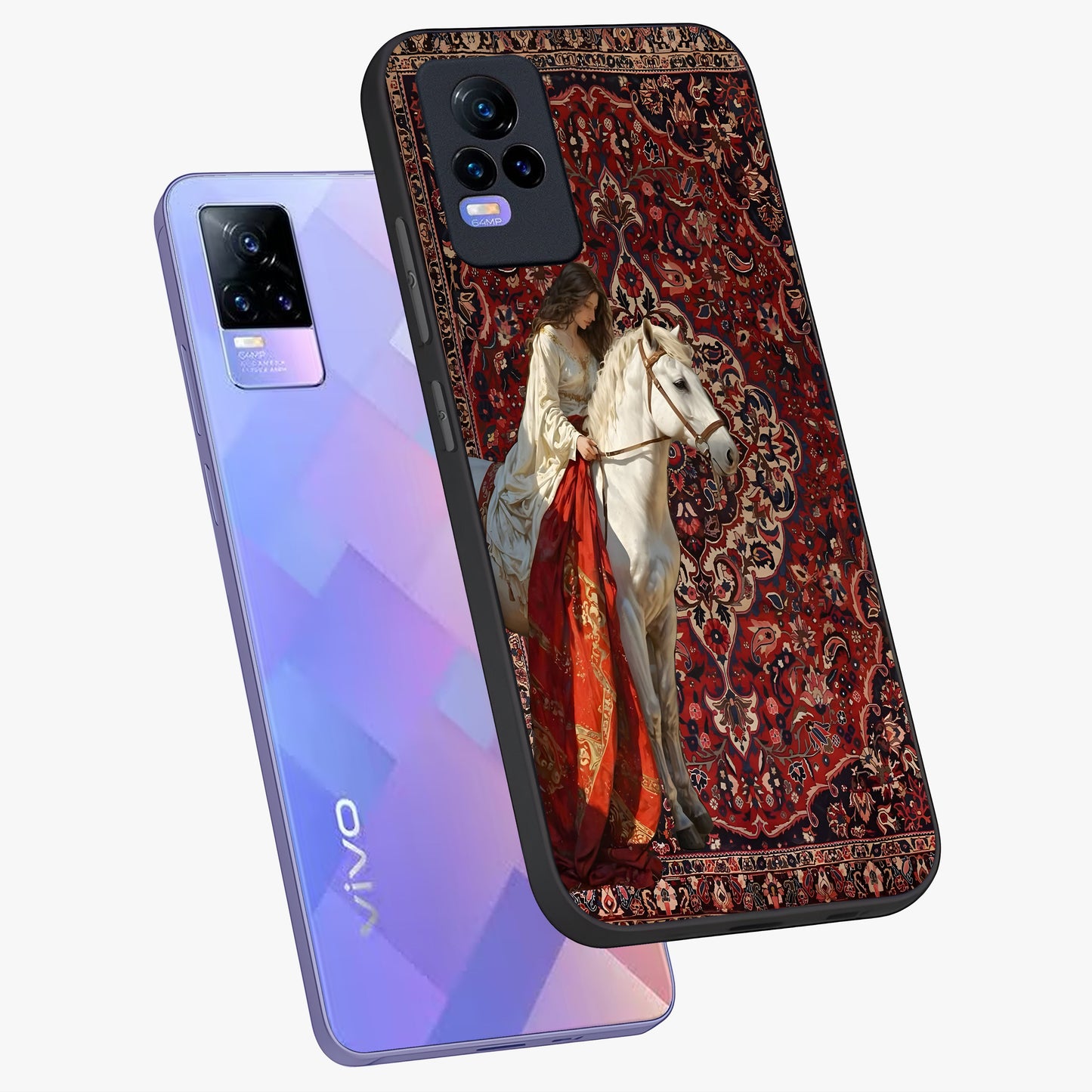 Royal Rider Tapestry Glass Case displayed in angled mockup highlighting traditional tapestry design with royal heritage aesthetic.
