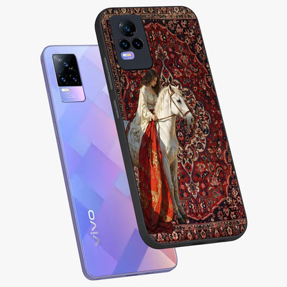 Royal Rider Tapestry Glass Case displayed in angled mockup highlighting traditional tapestry design with royal heritage aesthetic.