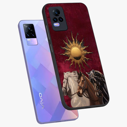 Solar Riders Glass Case displayed in angled mockup highlighting powerful rider illustration with radiant solar aesthetic.