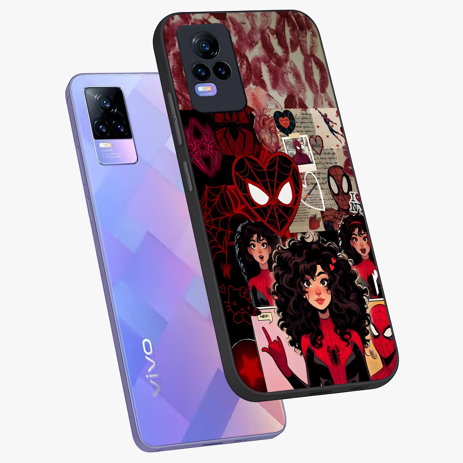 Spider Love Story Glass Case displayed in angled mockup highlighting expressive comic inspired design with playful aesthetic.