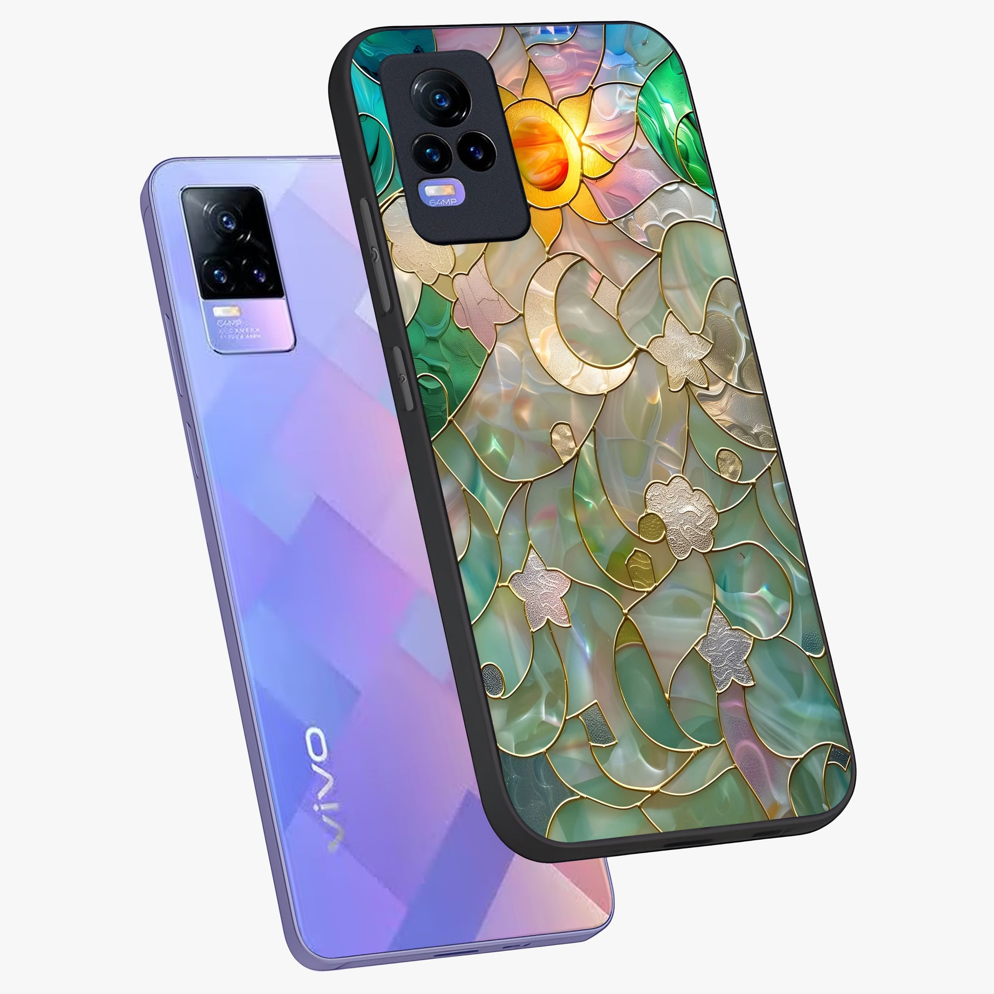 Stained Sunrise Glow Glass Case displayed in angled mockup highlighting radiant sunrise design with artistic aesthetic style.