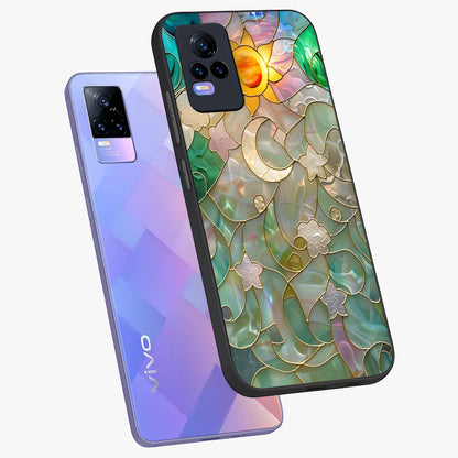 Stained Sunrise Glow Glass Case displayed in angled mockup highlighting radiant sunrise design with artistic aesthetic style.
