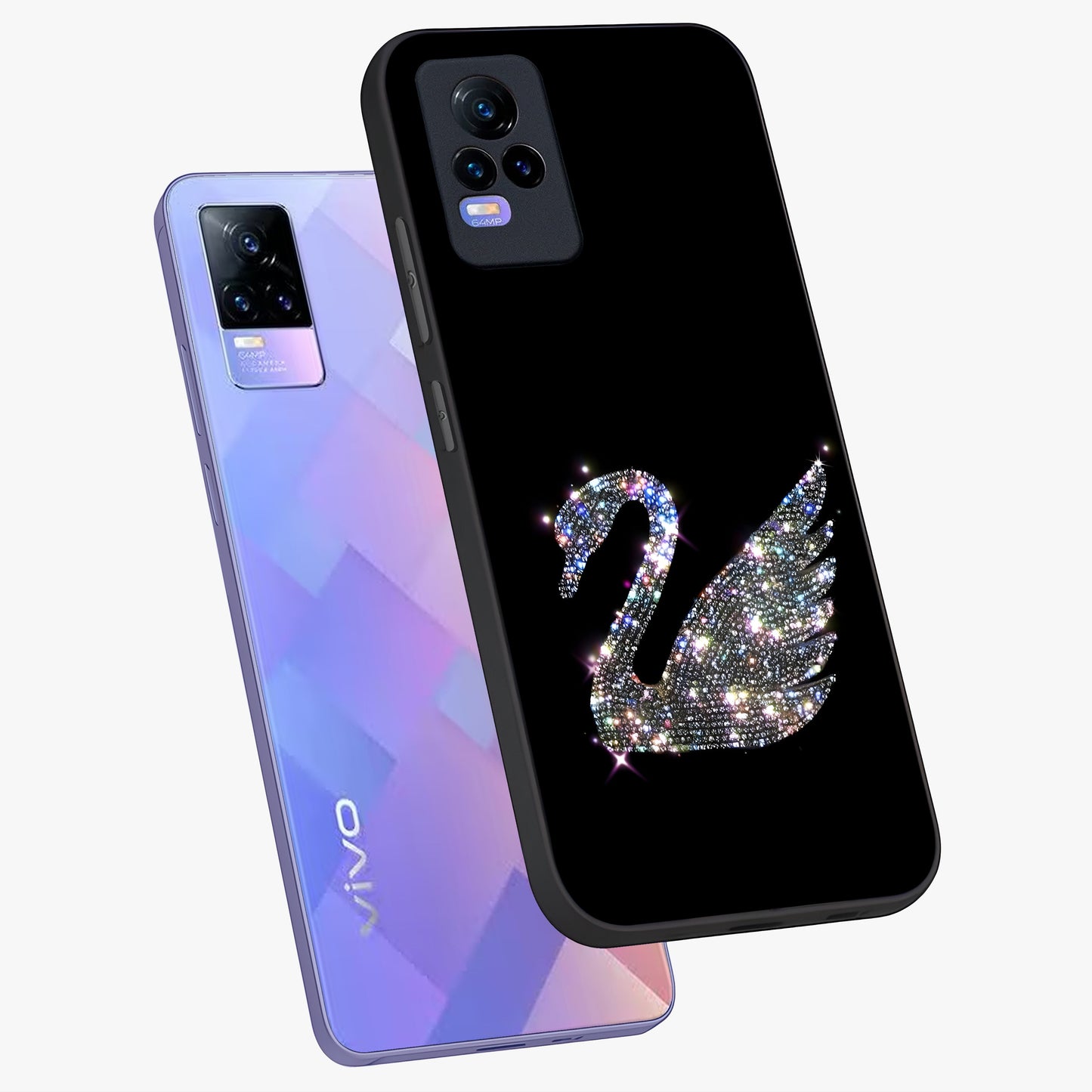 Starlit Swan Grace Glass Case displayed in angled mockup highlighting elegant swan illustration with dreamy celestial aesthetic.