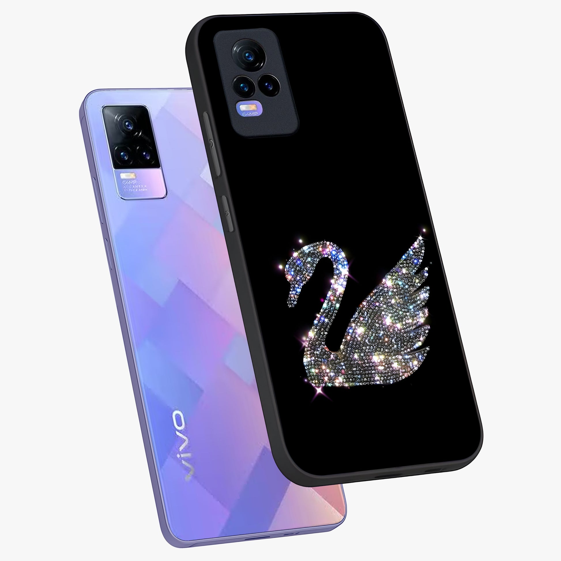 Starlit Swan Grace Glass Case displayed in angled mockup highlighting elegant swan illustration with dreamy celestial aesthetic.