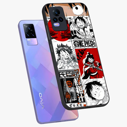 Strawhat Chaos Panels Glass Case displayed in angled mockup highlighting vibrant anime collage design with action aesthetic.