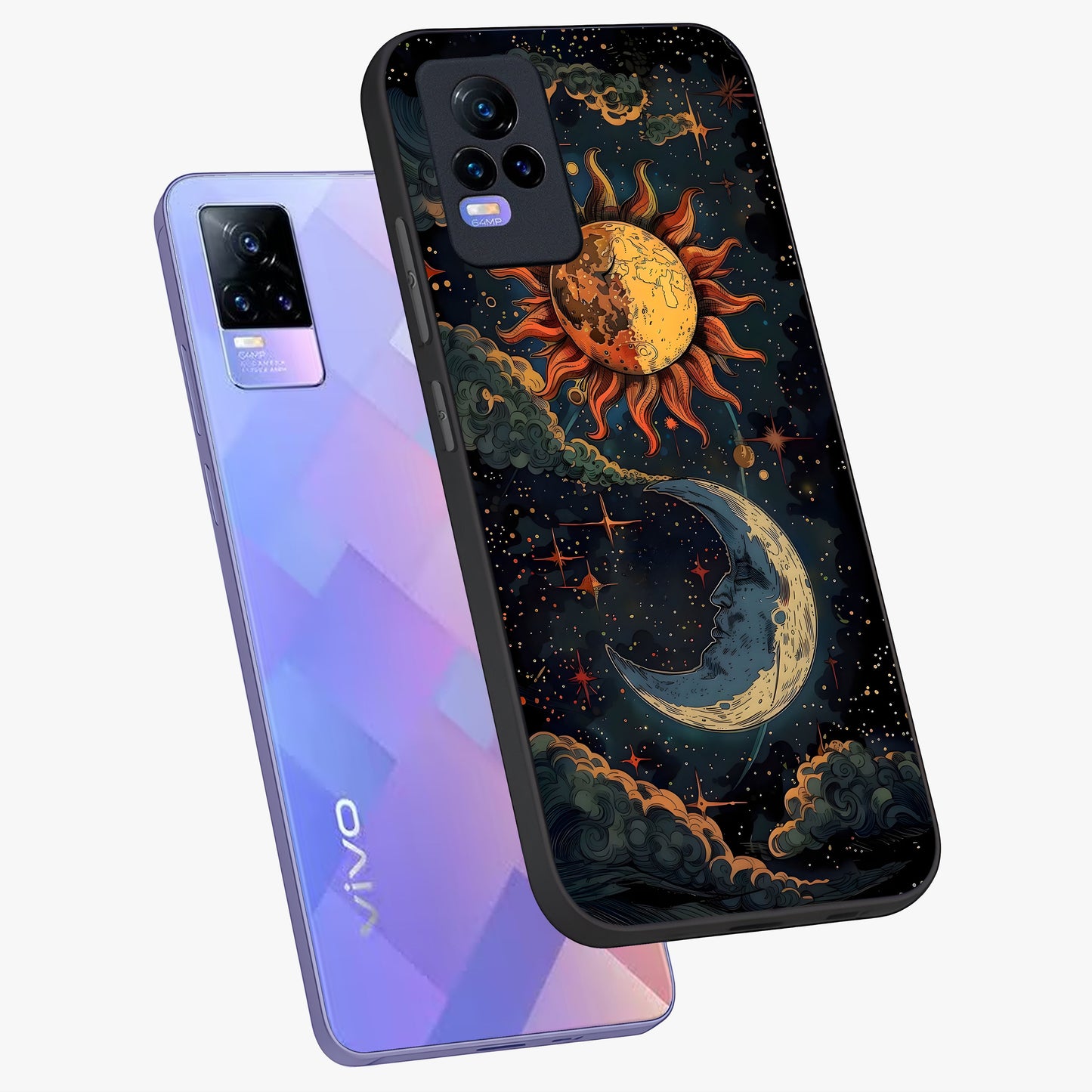 Sun And Moon Magic Design Glass Case displayed in angled mockup highlighting celestial design with magical cosmic aesthetic.