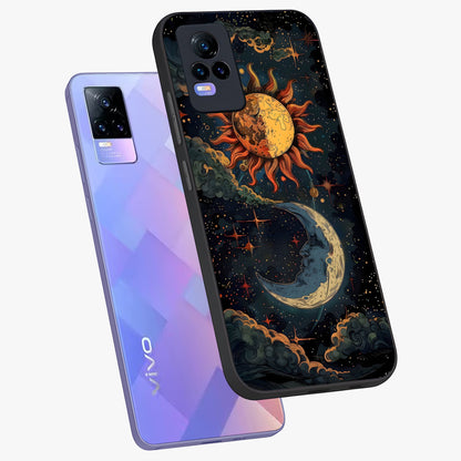 Sun And Moon Magic Design Glass Case displayed in angled mockup highlighting celestial design with magical cosmic aesthetic.