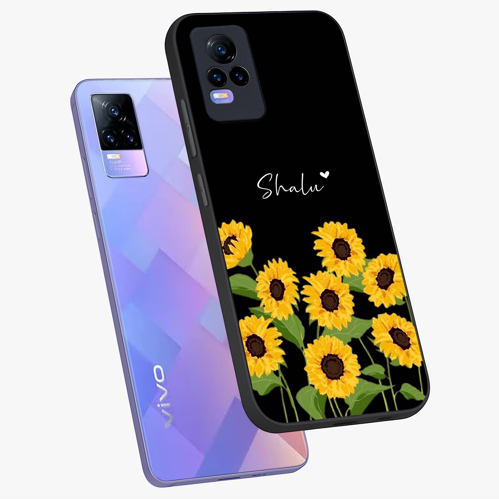 Sunflower Chic Mood Custom Name Glass Case displayed in angled mockup highlighting vibrant sunflower design with custom name feature.