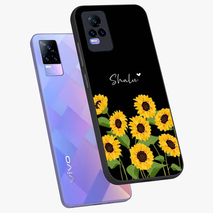 Sunflower Chic Mood Custom Name Glass Case displayed in angled mockup highlighting vibrant sunflower design with custom name feature.