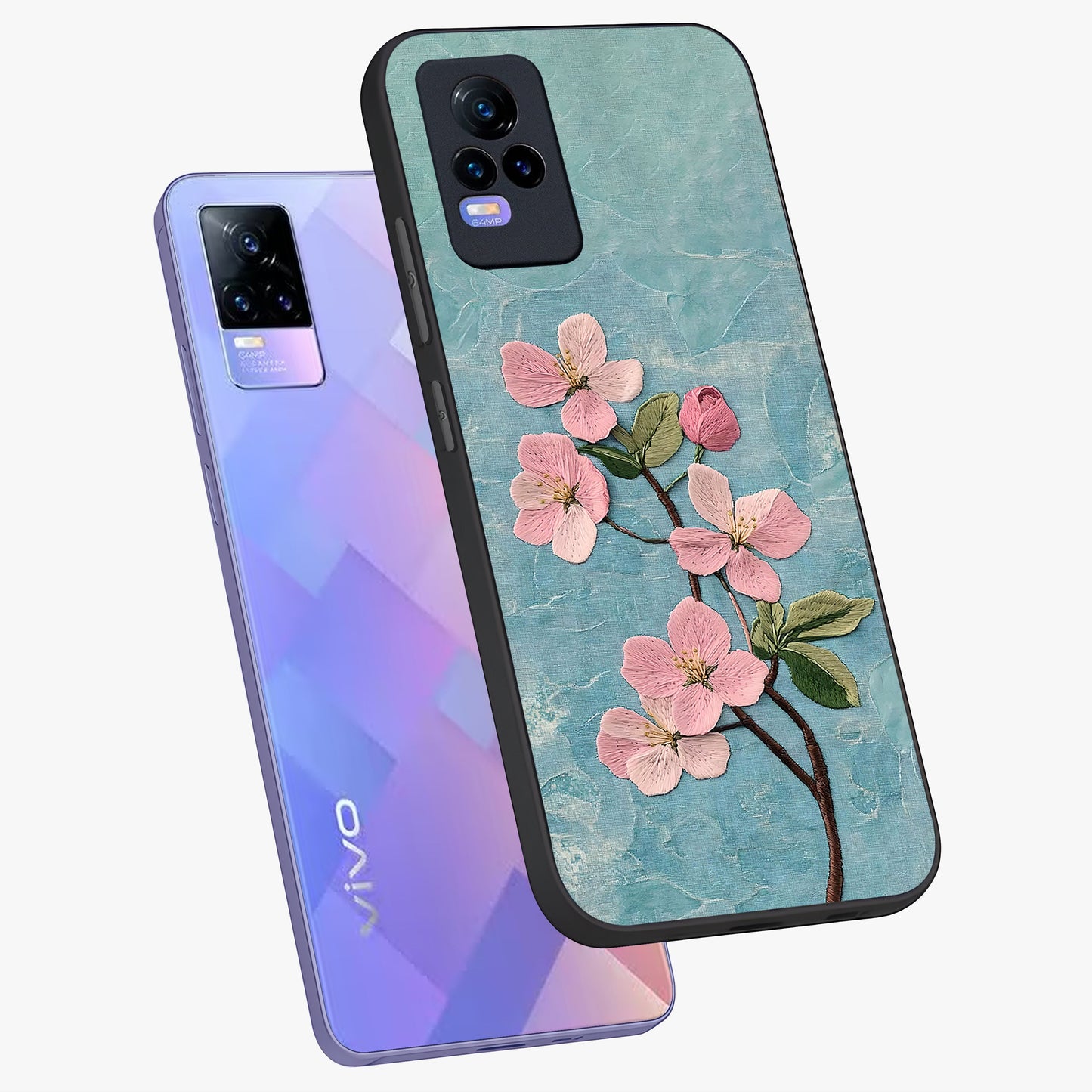 Threaded Blossom Breeze Glass Case displayed in angled mockup highlighting elegant floral design with soft aesthetic style.