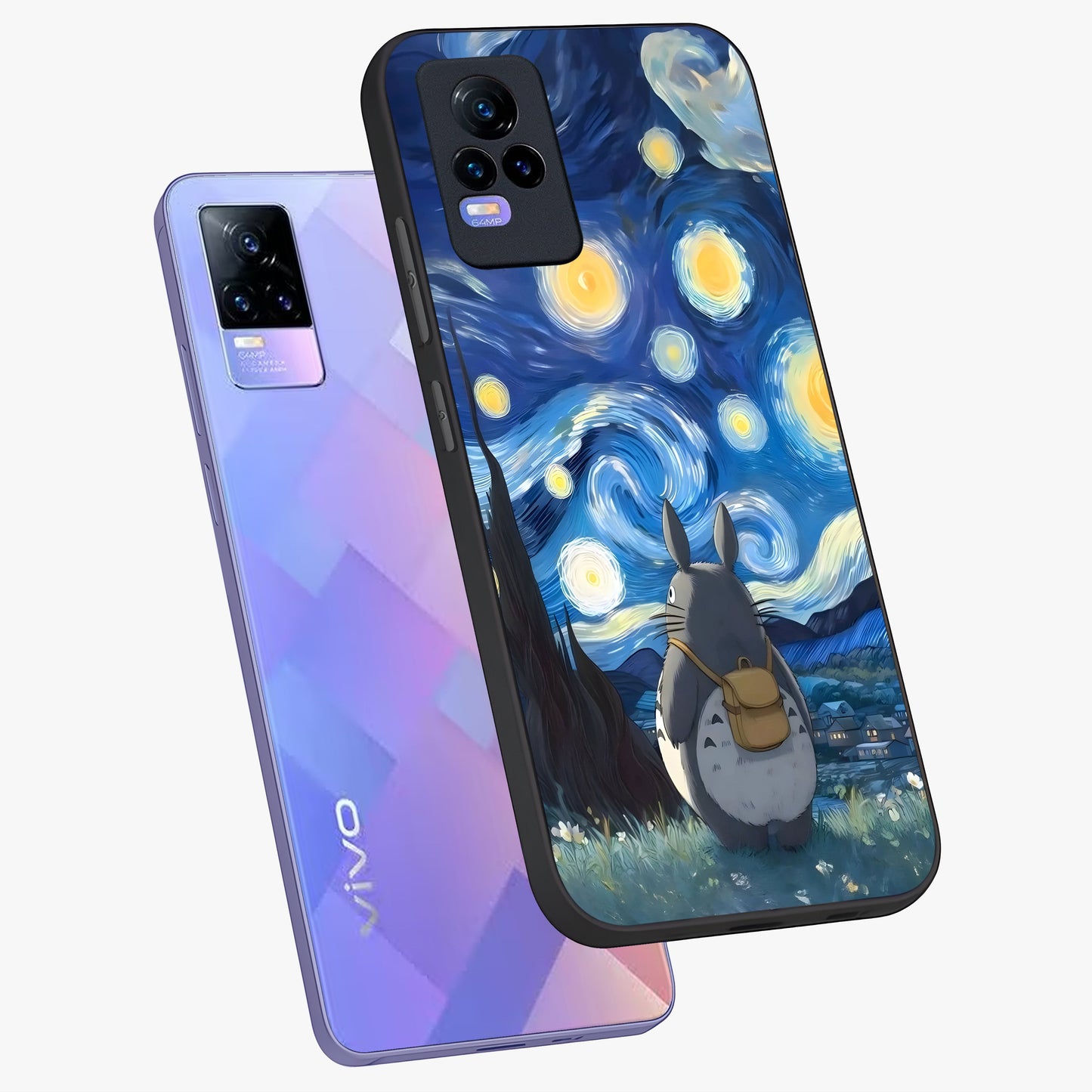 Totoro In Van Gogh Art Glass Case displayed in angled mockup highlighting artistic swirling sky design with playful animation aesthetic.