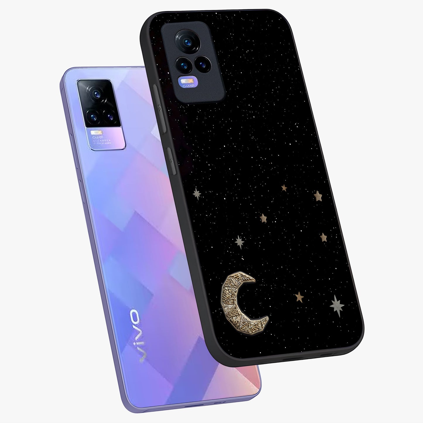 Twinkle Star With Half Moon Glass Case displayed in angled mockup highlighting celestial moon and star design with magical aesthetic.