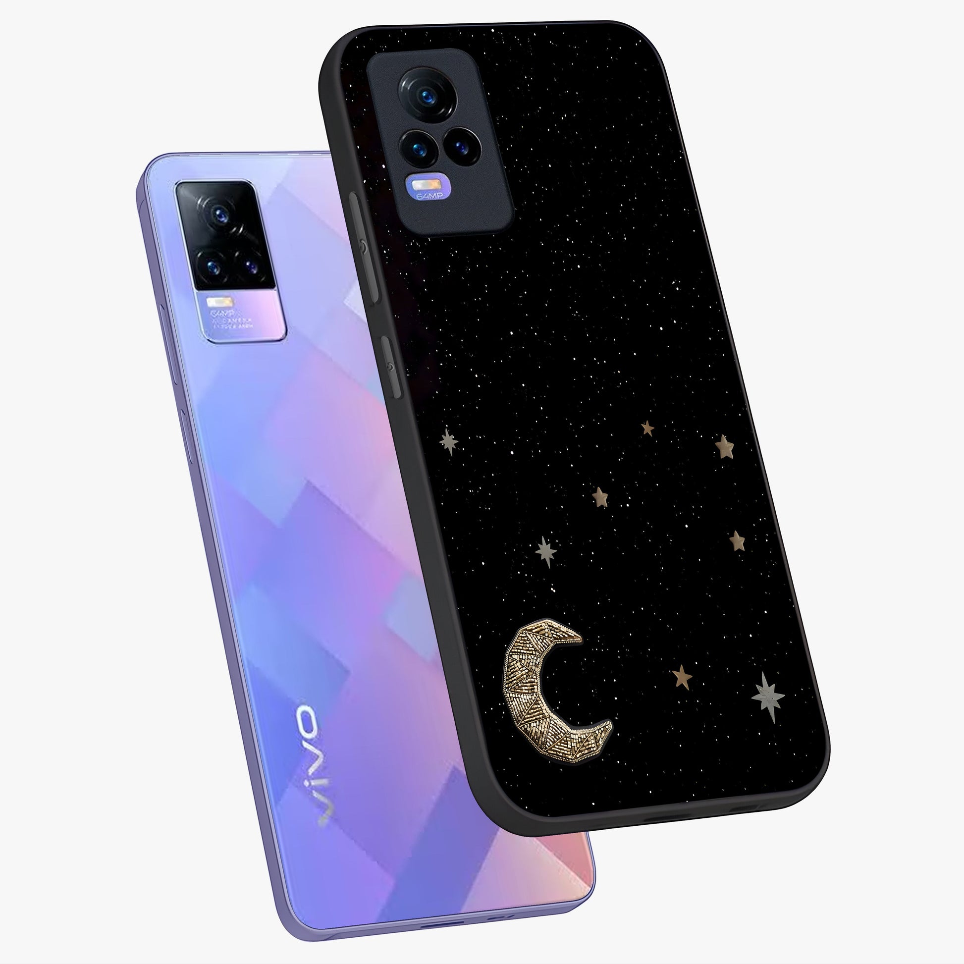 Twinkle Star With Half Moon Glass Case displayed in angled mockup highlighting celestial moon and star design with magical aesthetic.