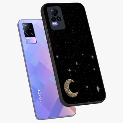 Twinkle Star With Half Moon Glass Case displayed in angled mockup highlighting celestial moon and star design with magical aesthetic.