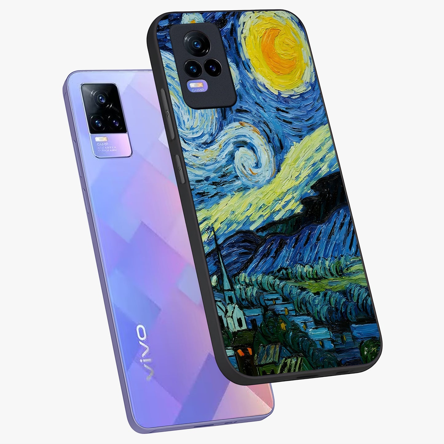Van Gogh Art Glass Case displayed in angled mockup highlighting swirling brushstroke design with artistic aesthetic.