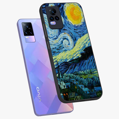 Van Gogh Art Glass Case displayed in angled mockup highlighting swirling brushstroke design with artistic aesthetic.