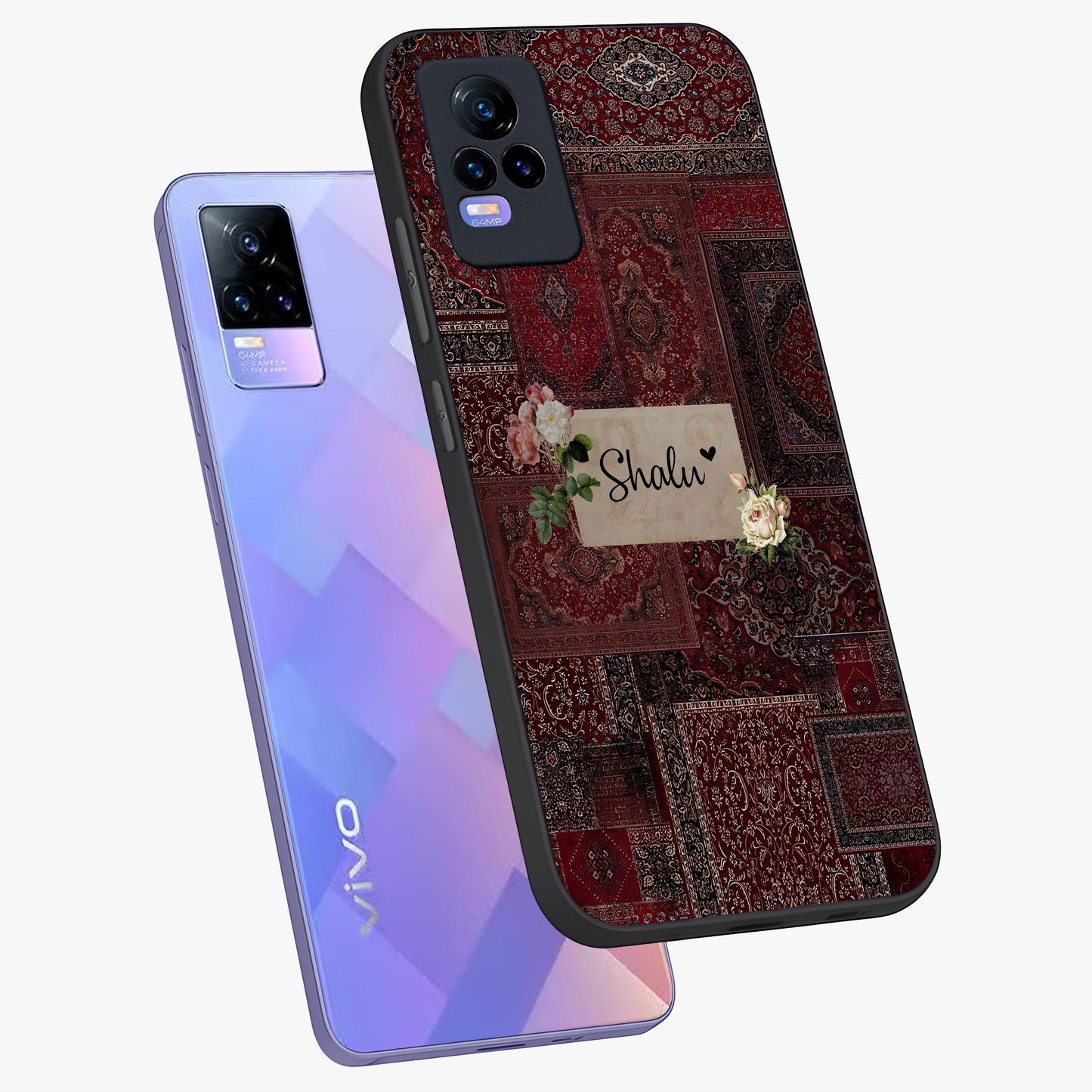 Velvet Wine Pattern Custom Name Glass Case displayed in angled mockup highlighting decorative velvet inspired design with custom name feature.