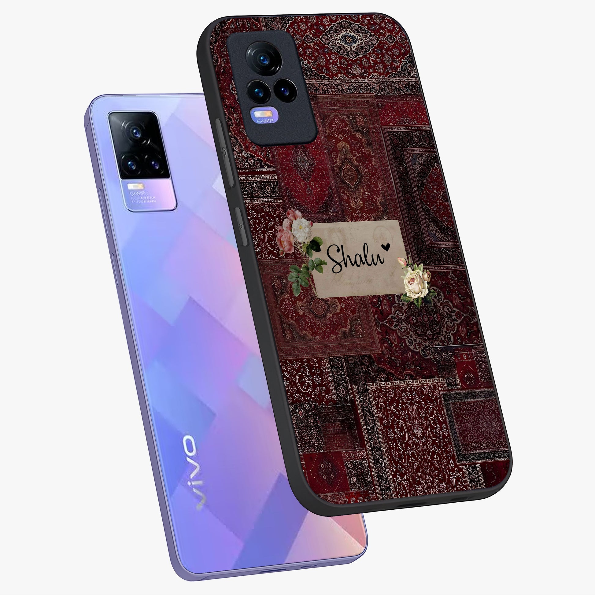 Velvet Wine Pattern Custom Name Glass Case displayed in angled mockup highlighting decorative velvet inspired design with custom name feature.